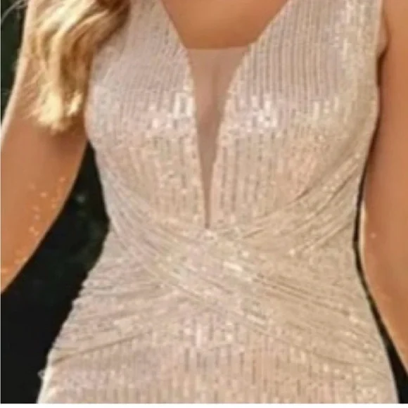 Silver Backless Sequin Gown with V-neck for Wedding Guest - Picture 3 of 11